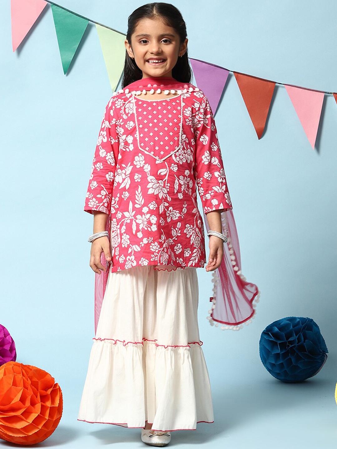 

Biba Girls Floral Printed Beads & Stones Lace Detail Kurti with Sharara & Dupatta, Pink