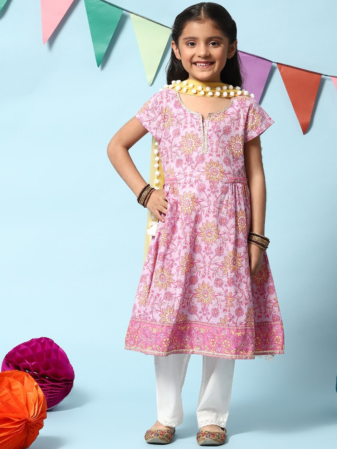 

Biba Girls Floral Printed Gotta Patti A-Line Kurta with Trousers & Dupatta, Purple