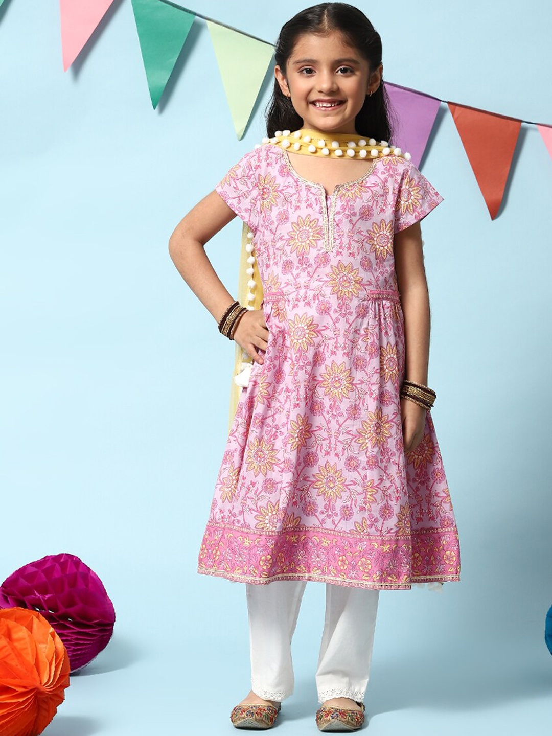 

Biba Girls Purple Floral Printed Gotta Patti A-Line Kurta with Trousers & Dupatta