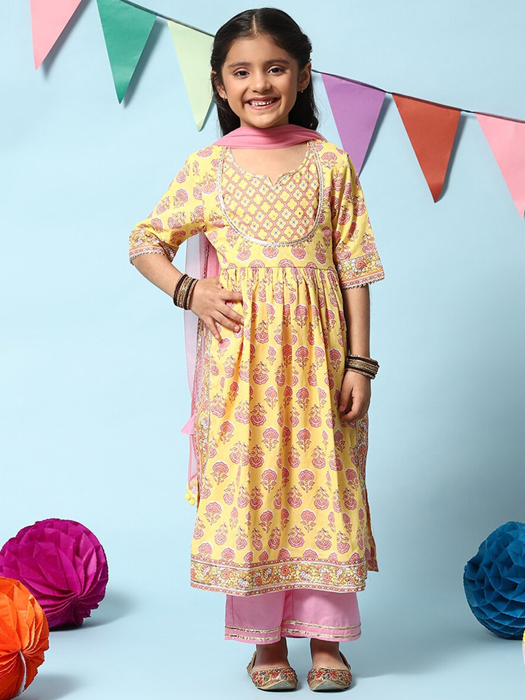 

Biba Girls Floral Printed Gotta Patti A-Line Kurta with Palazzos & Dupatta, Mustard