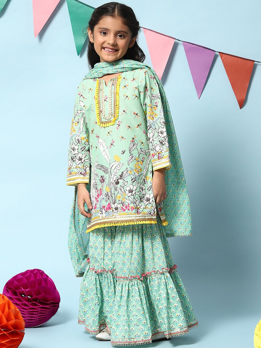 

Biba Girls Quirky Printed Gotta Patti Beads Detail Kurta with Sharara & Dupatta, Green