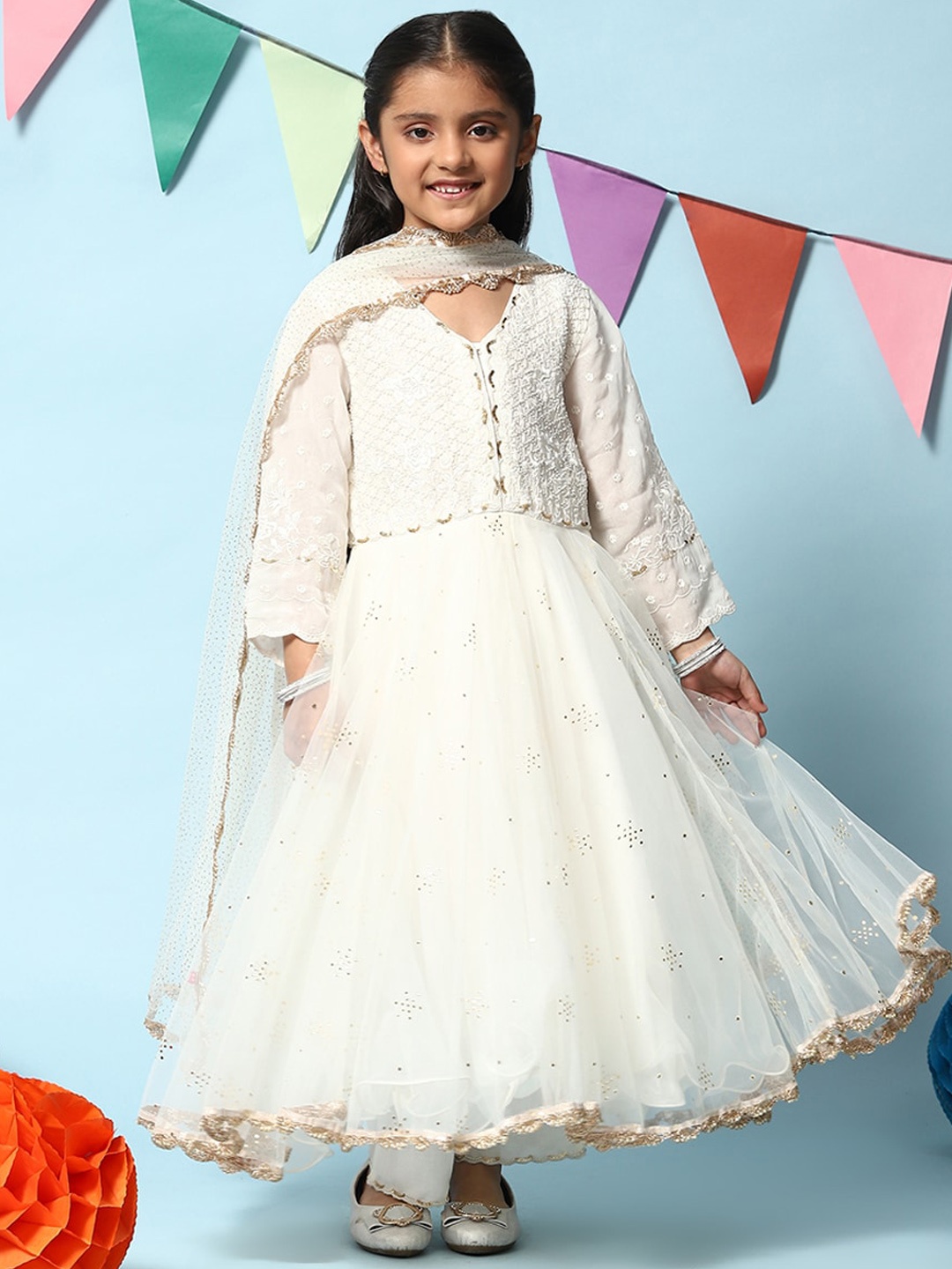 

Biba Girls Floral Embroidered Anarkali Organza Kurta with Trousers & Dupatta, White