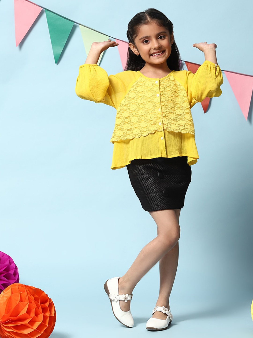 

Biba Girls Self Design Cotton Tiered Top, Yellow