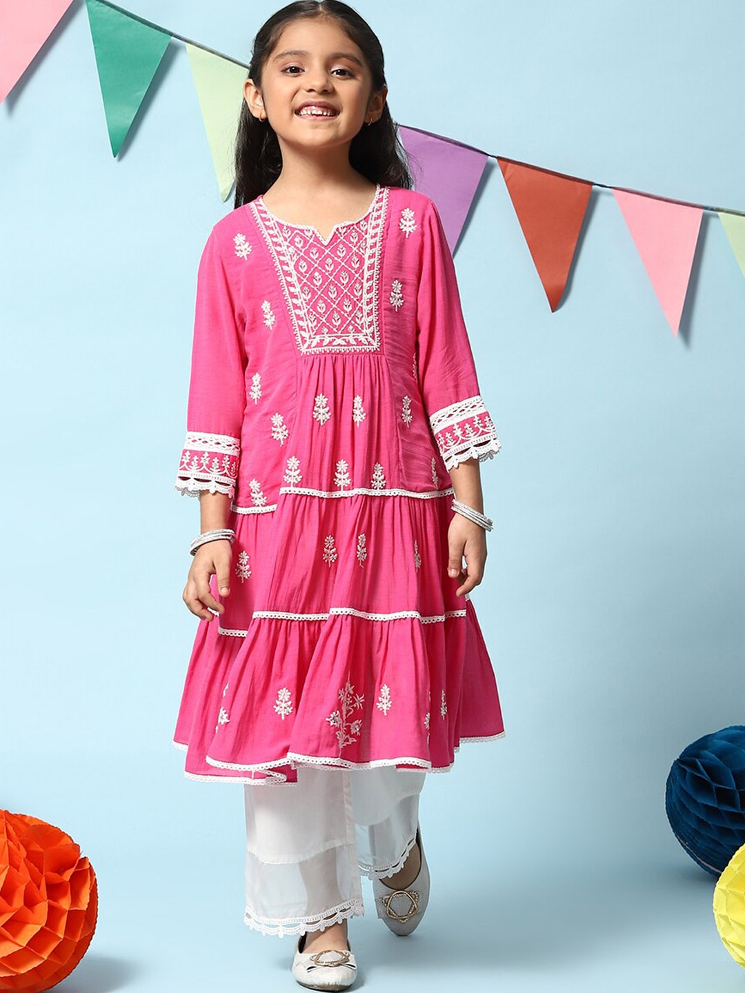 

Biba Girls Floral Embroidered Sequined Tiered Georgette Kurta with Palazzos, Pink