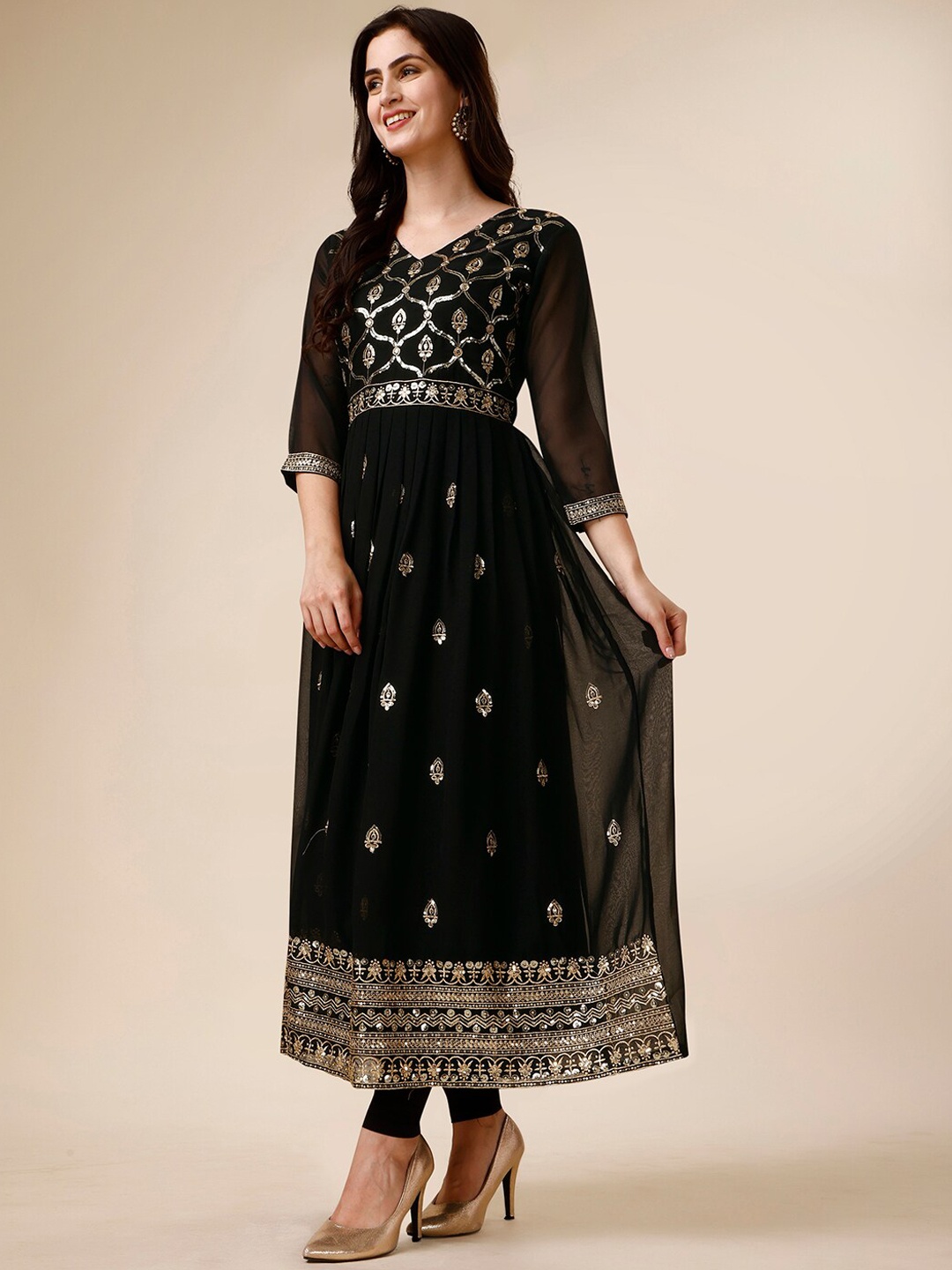 

KALINI Ethnic Motifs Embroidered Georgette Kurta, Black