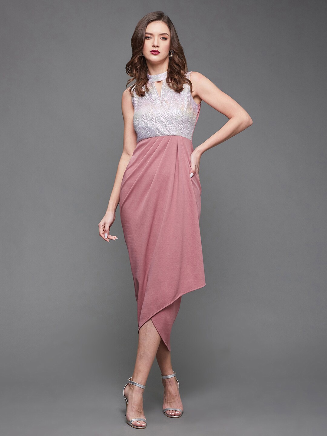

Miss Chase Peach & Silver Self Design Gathered A-Line Midi Dress, Mauve