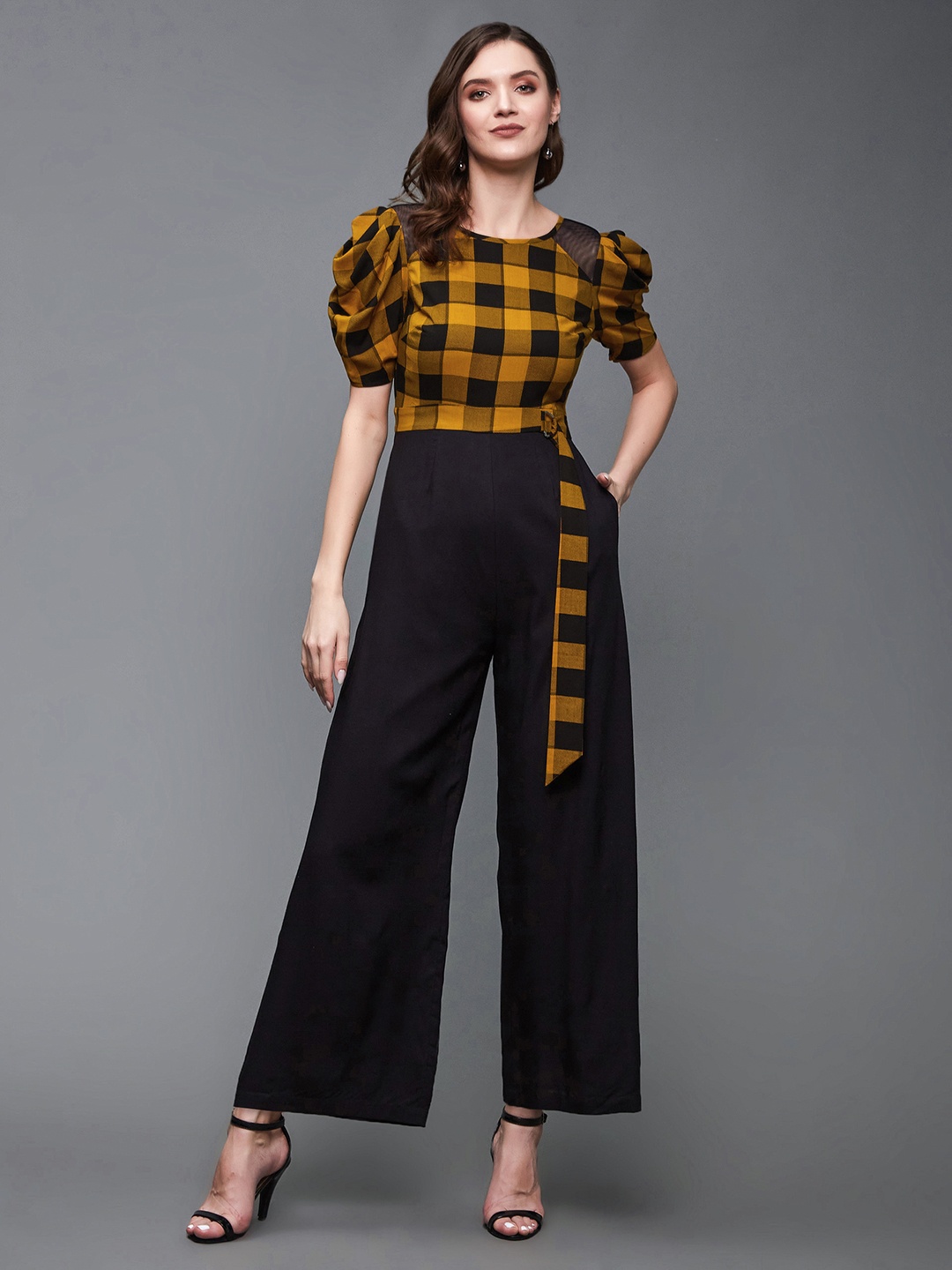 

Miss Chase Black & Mustard Puff Sleeves Checked Basic Jumpsuit