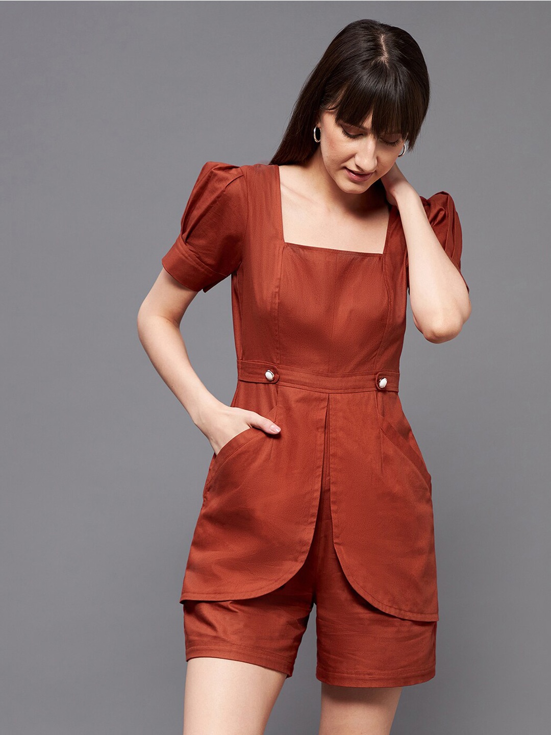 

Miss Chase Rust Square Neck Puff Sleeves Layered Pure Cotton Playsuit