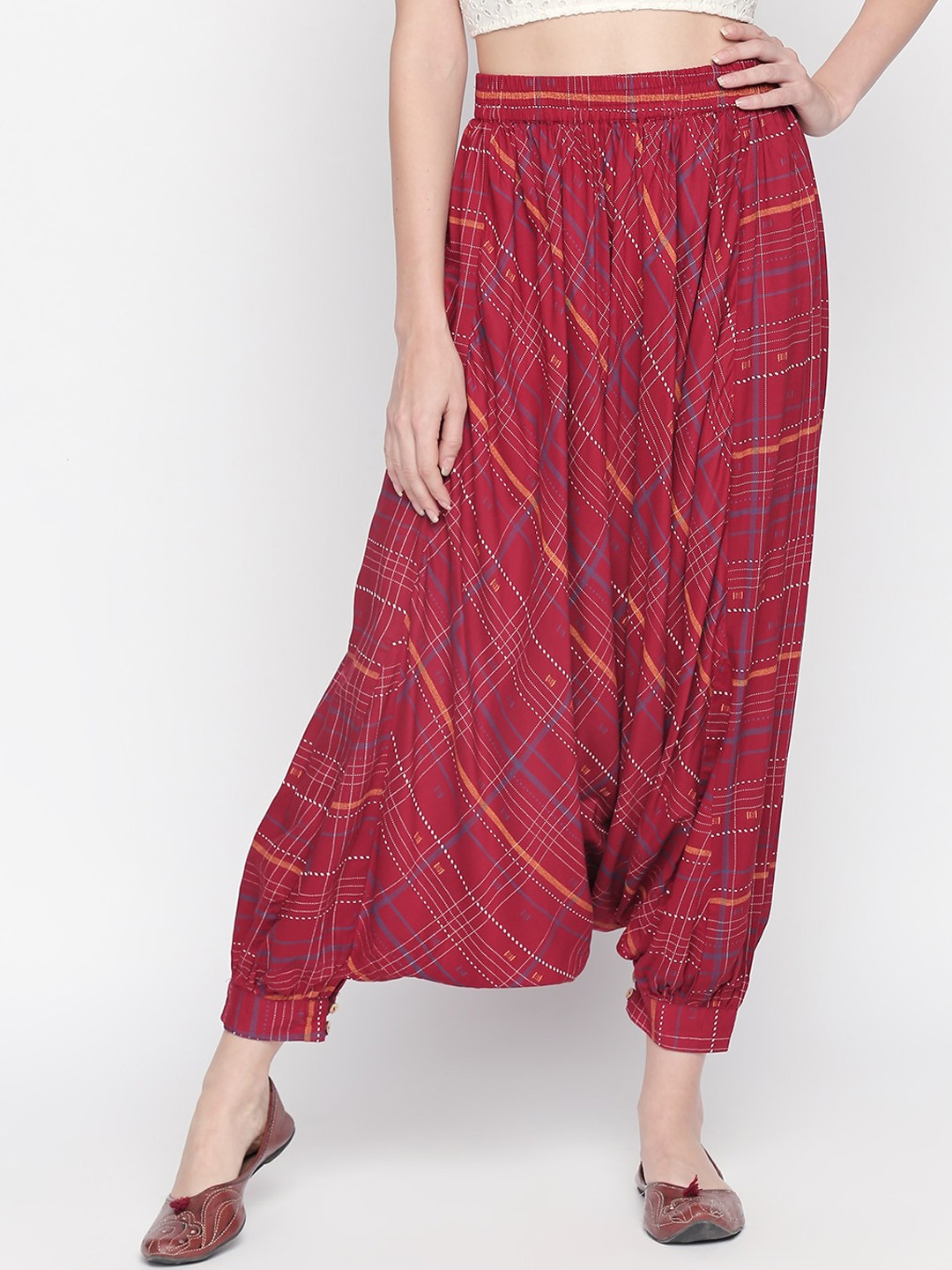 

AKKRITI BY PANTALOONS Women Geomentric Printed Mid-Rise Loose Fit Harem Pants, Red