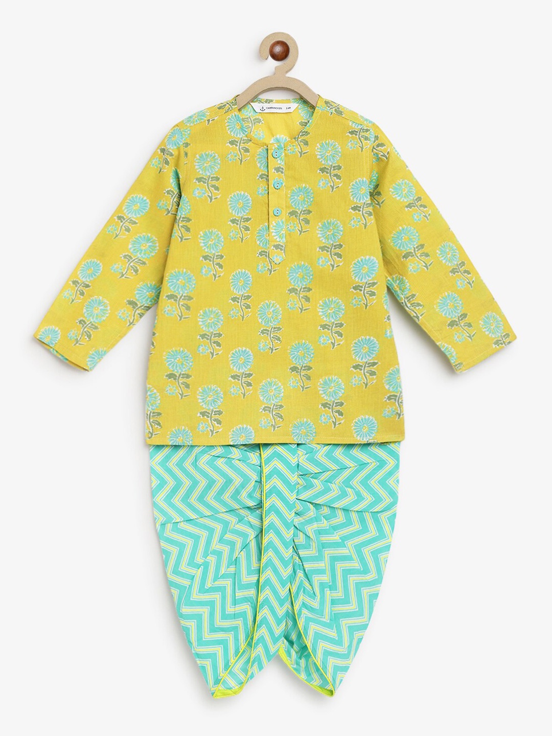 

Campana Boys Floral Printed Pure Cotton Kurta with Dhoti Pants, Yellow