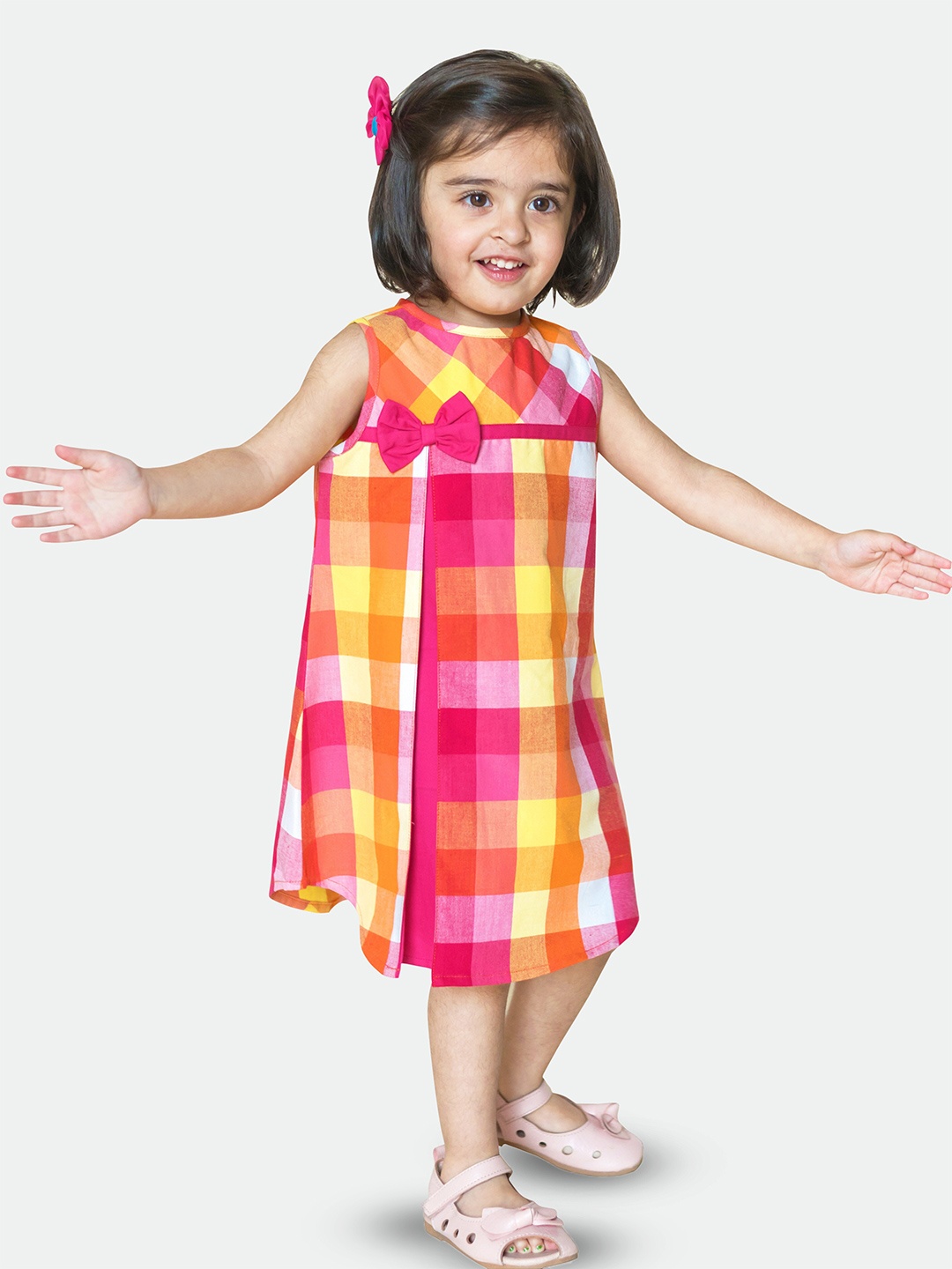 

Campana Girls Checked Bow Detail Cotton A-Line Dress, Pink