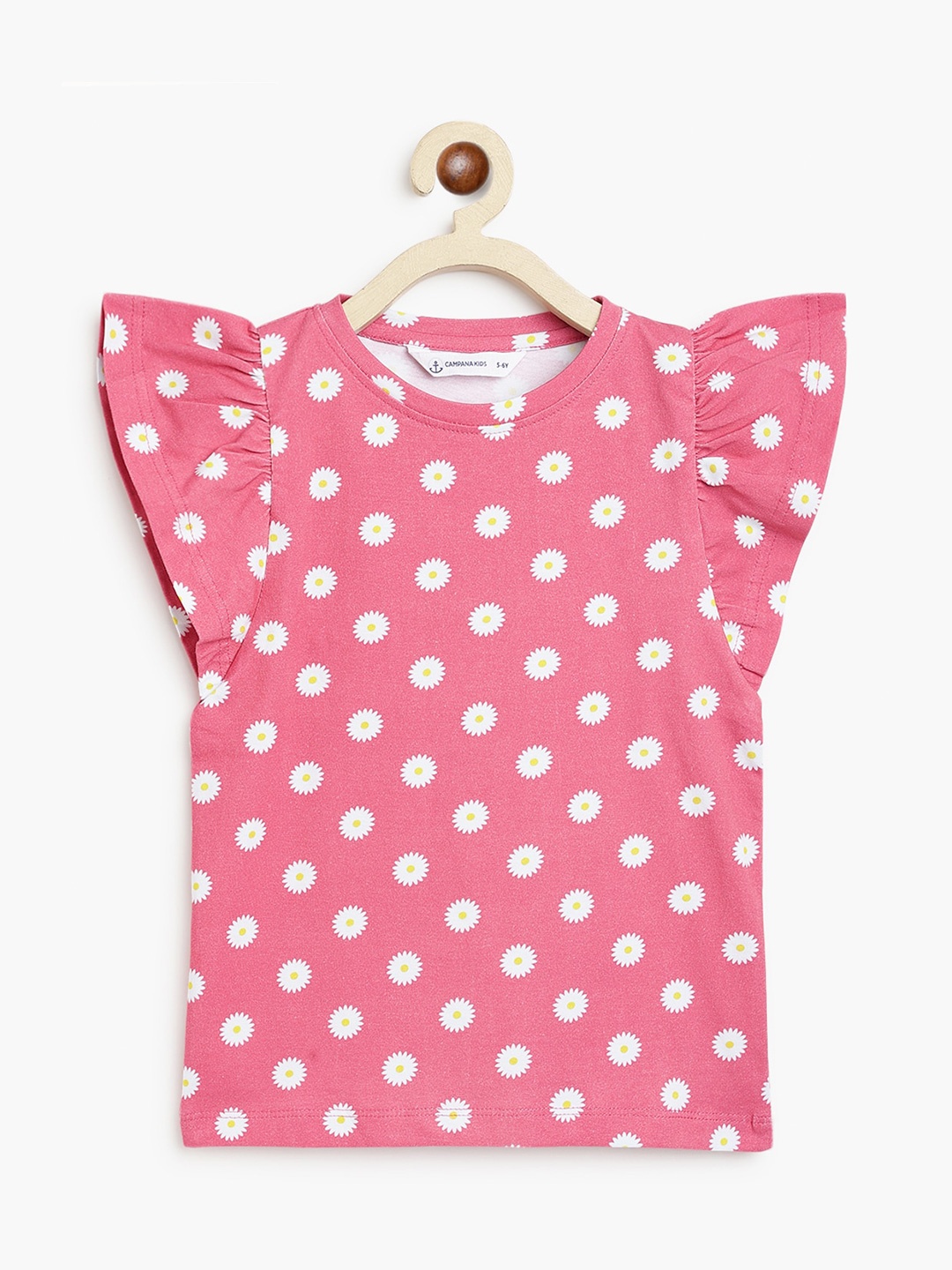 

Campana Girls Floral Printed Flutter Sleeves T-shirt, Pink