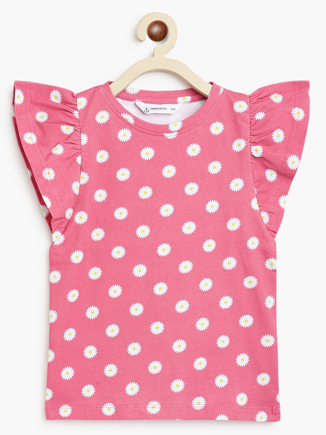 

Campana Girls Floral Printed Flutter Sleeves T-shirt, Pink