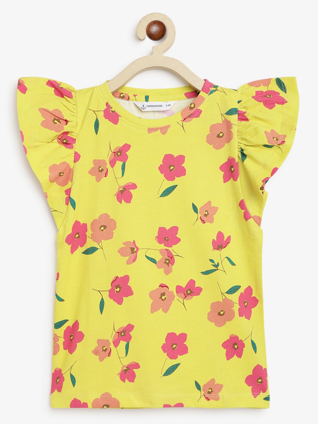 

Campana Girls Floral Printed Flutter Sleeves T-shirt, Yellow