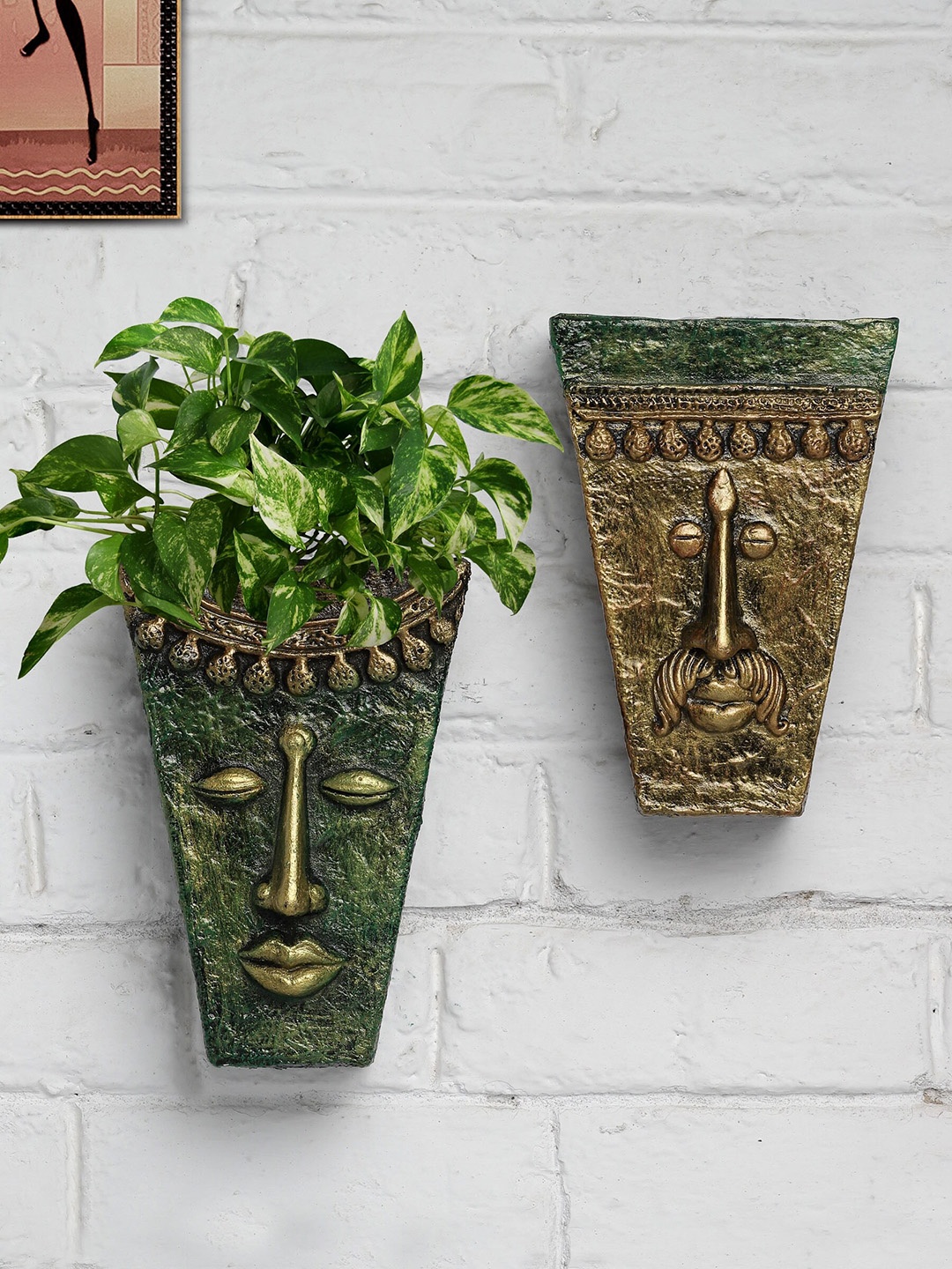 

Stylespace by Isha Green & Beige 2 Pieces Face Shape Fiber Wall Hanging Planters