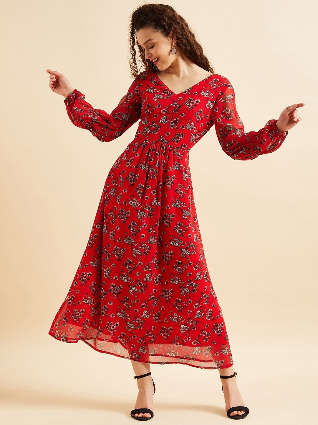 

PANIT Floral Printed Puff Sleeve Georgette Maxi Dress, Red