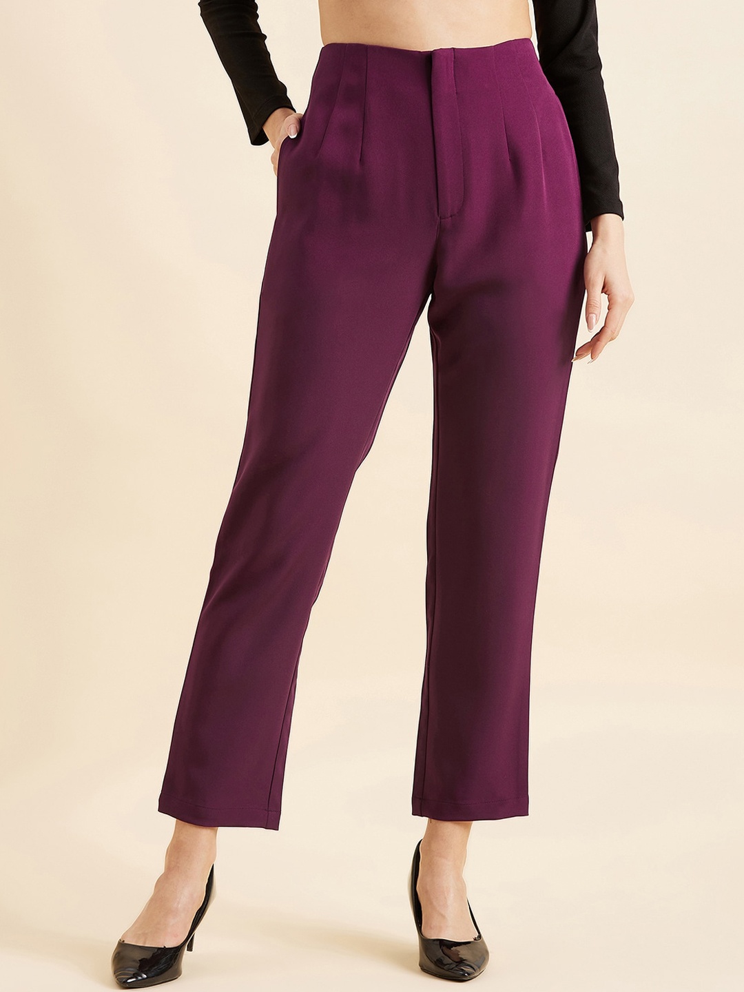 

PANIT Women Burgundy Smart Straight Fit High-Rise Wrinkle Free Lycra Pleated Trousers