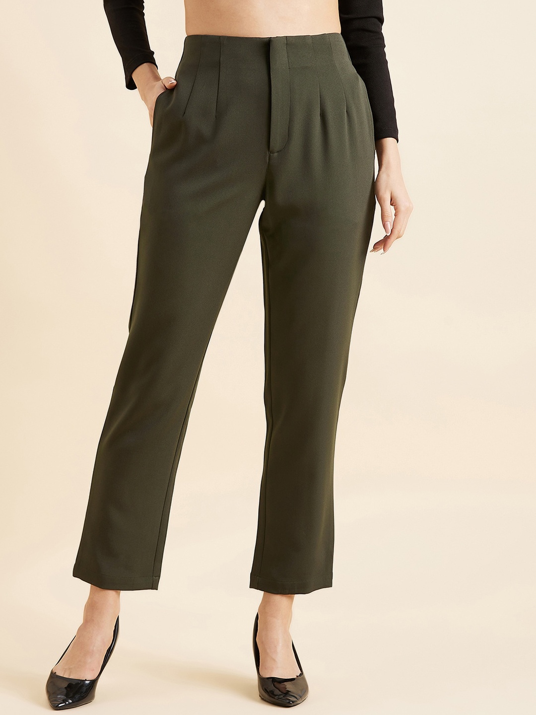 

PANIT Women Olive Green Smart Straight Fit High-Rise Wrinkle Free Pleated Trousers