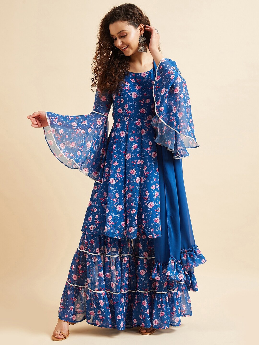 

PANIT Blue & Pink Floral Printed Gotta Patti Kurta with Sharara & Dupatta