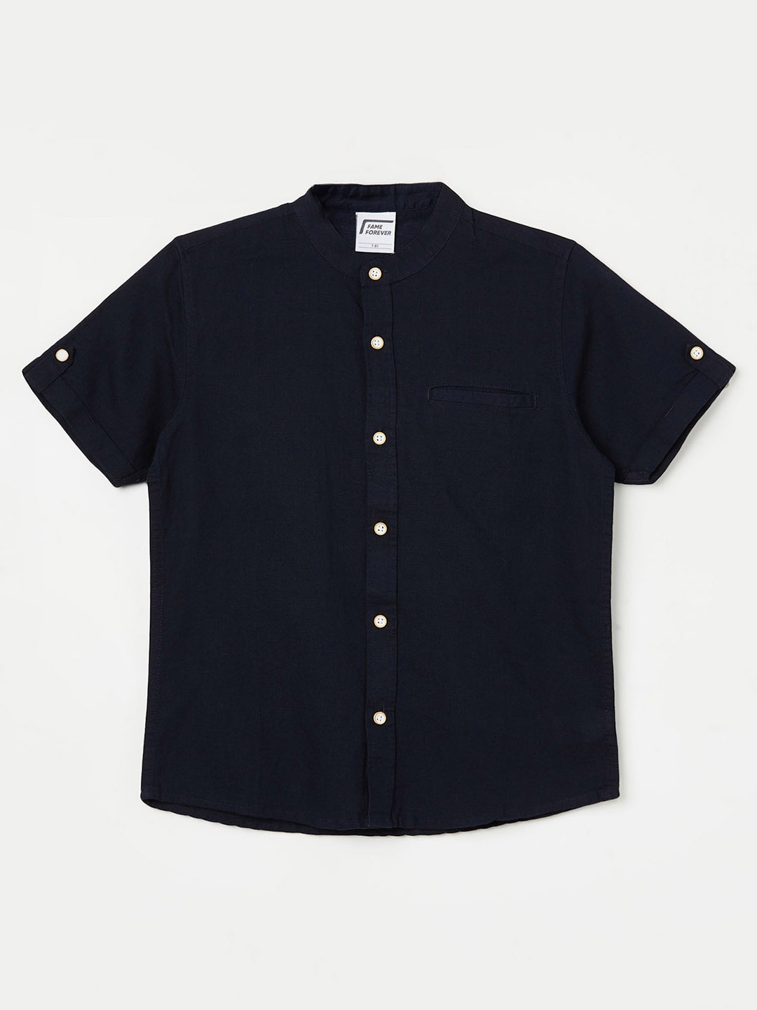 

Fame Forever by Lifestyle Boys Mandarin Collar Cotton Linen Casual Shirt, Navy blue