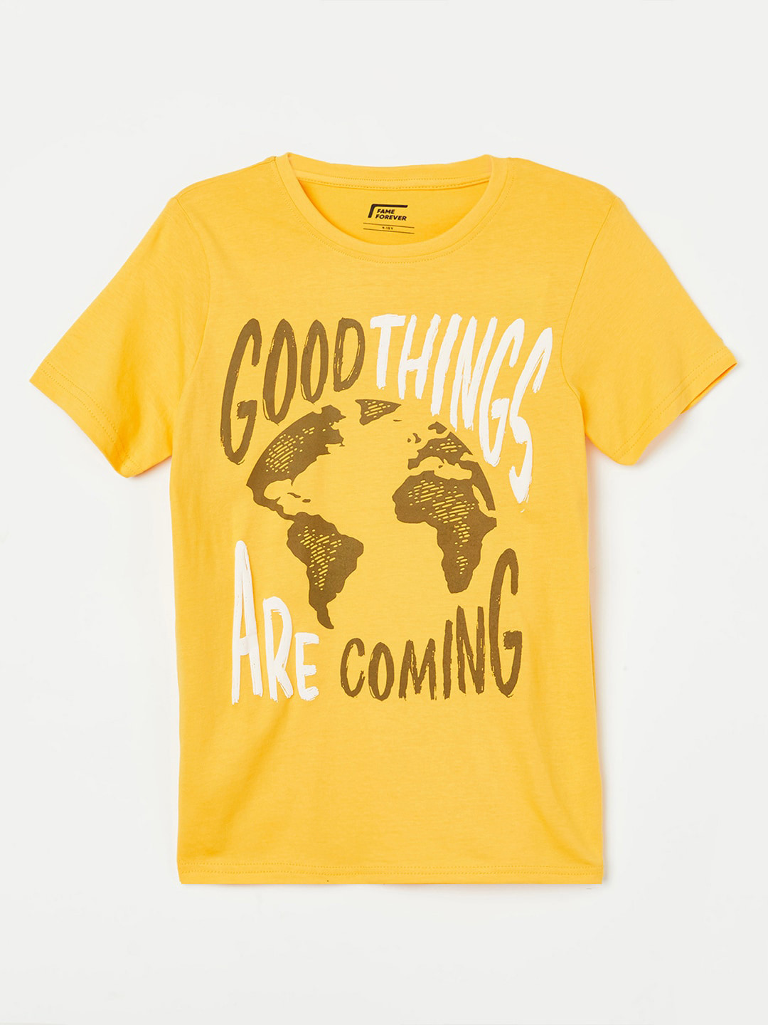 

Fame Forever by Lifestyle Boys Typography Printed Slim Fit Pure Cotton T-shirt, Yellow