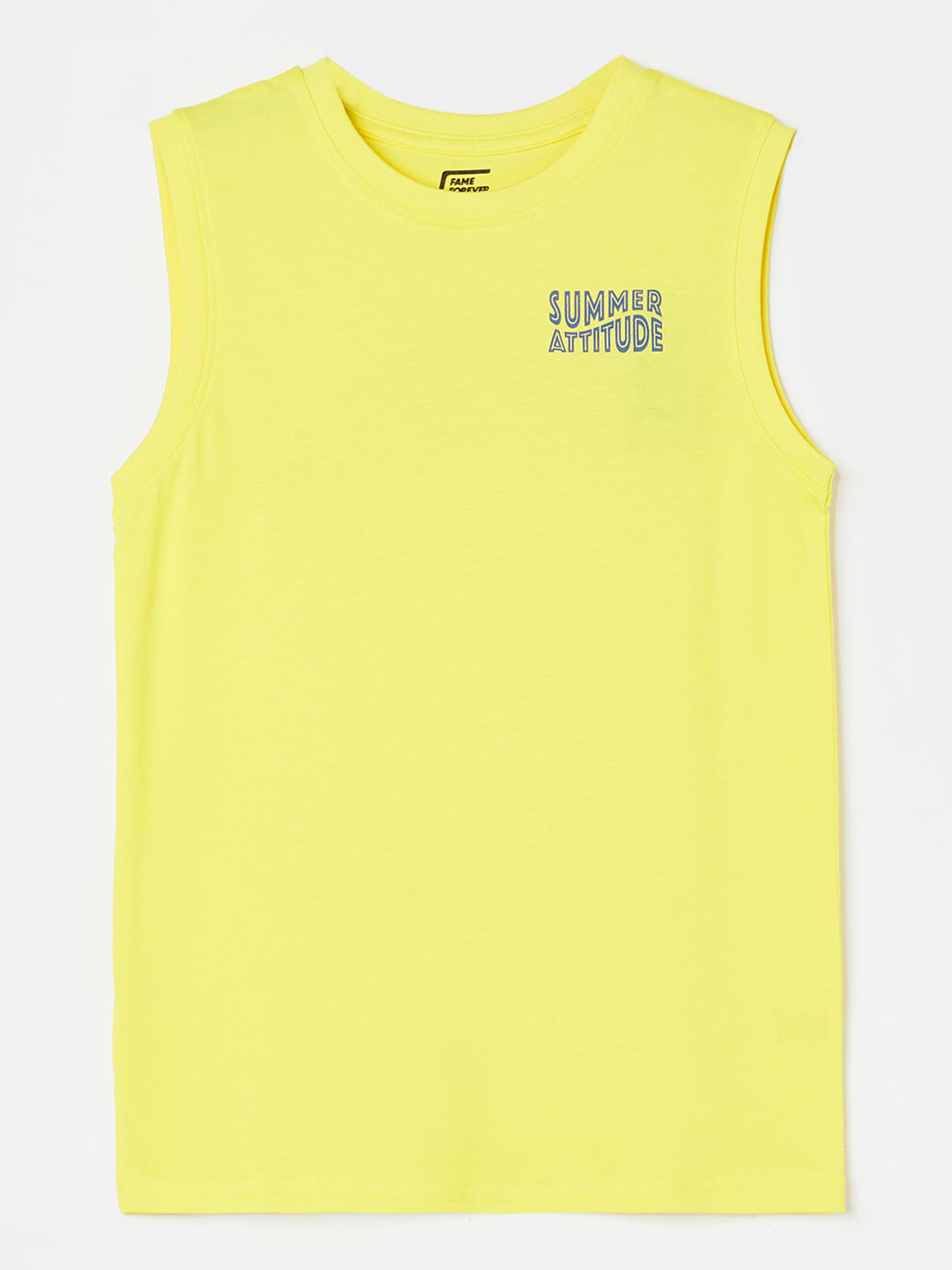 

Fame Forever by Lifestyle Boys Graphic Printed Sleeveless Pure Cotton Slim Fit T-shirt, Yellow