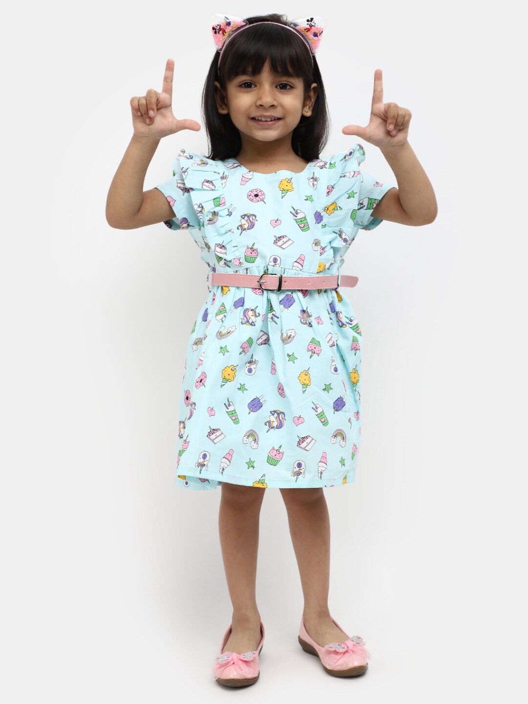 

V-Mart Girls Conversational Printed Cotton Fit & Flare Dress With Belt, Blue