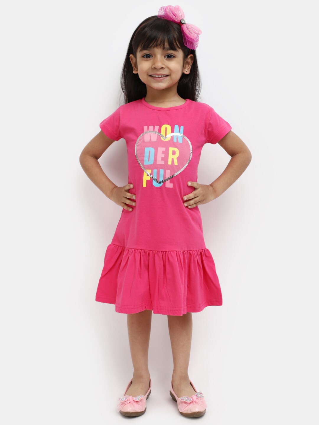 

V-Mart Girls Typography Printed Cotton Drop-Waist Dress, Pink