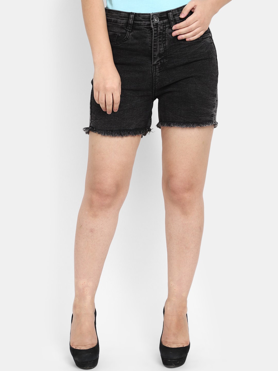 

V-Mart Women Mid-Rise Washed Cotton Denim Shorts, Black