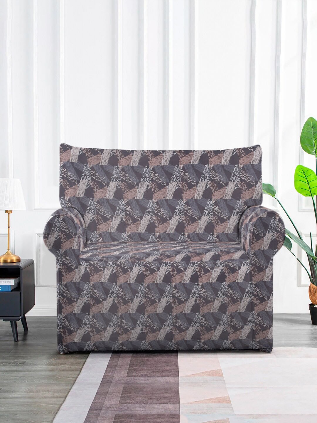 

MULTITEX Grey & Brown Printed Elasticated 1-Seater Sofa Cover