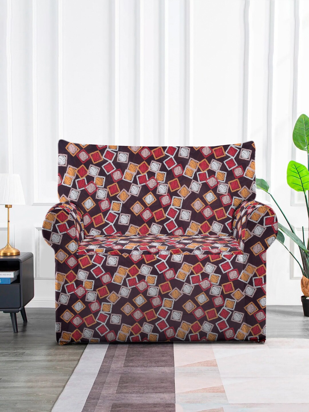 

MULTITEX Brown & Red Geometric Printed One-Seater Elasticated Sofa Cover