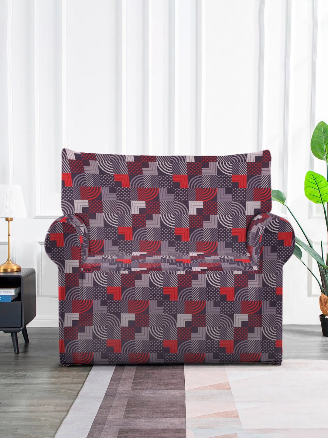 

MULTITEX Grey & Red Printed Single Seater Sofa Covers