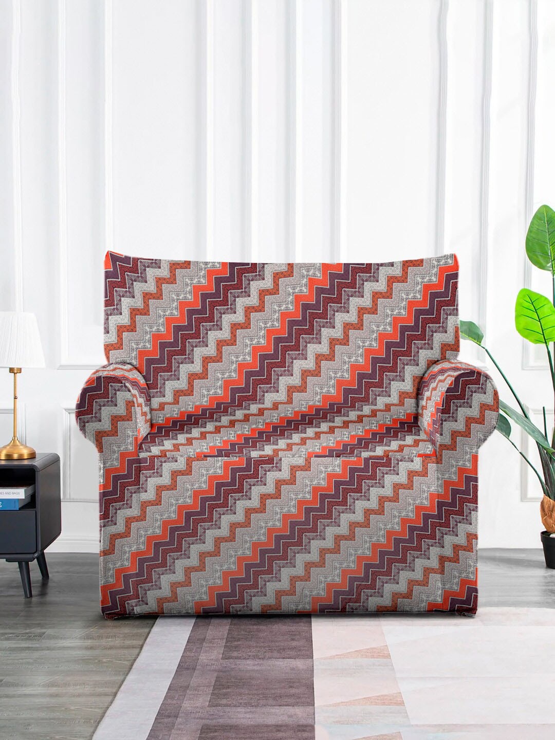 

MULTITEX Grey & Red Zig Zag Printed One-Seater Elasticated Sofa Cover