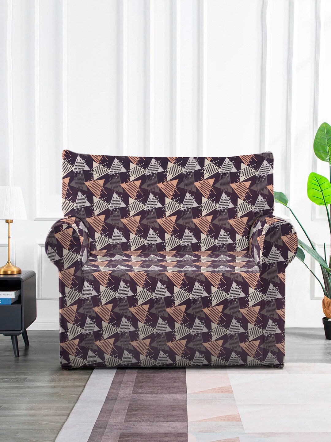 

MULTITEX Brown & Grey Geometric Printed One-Seater Elasticated Sofa Cover