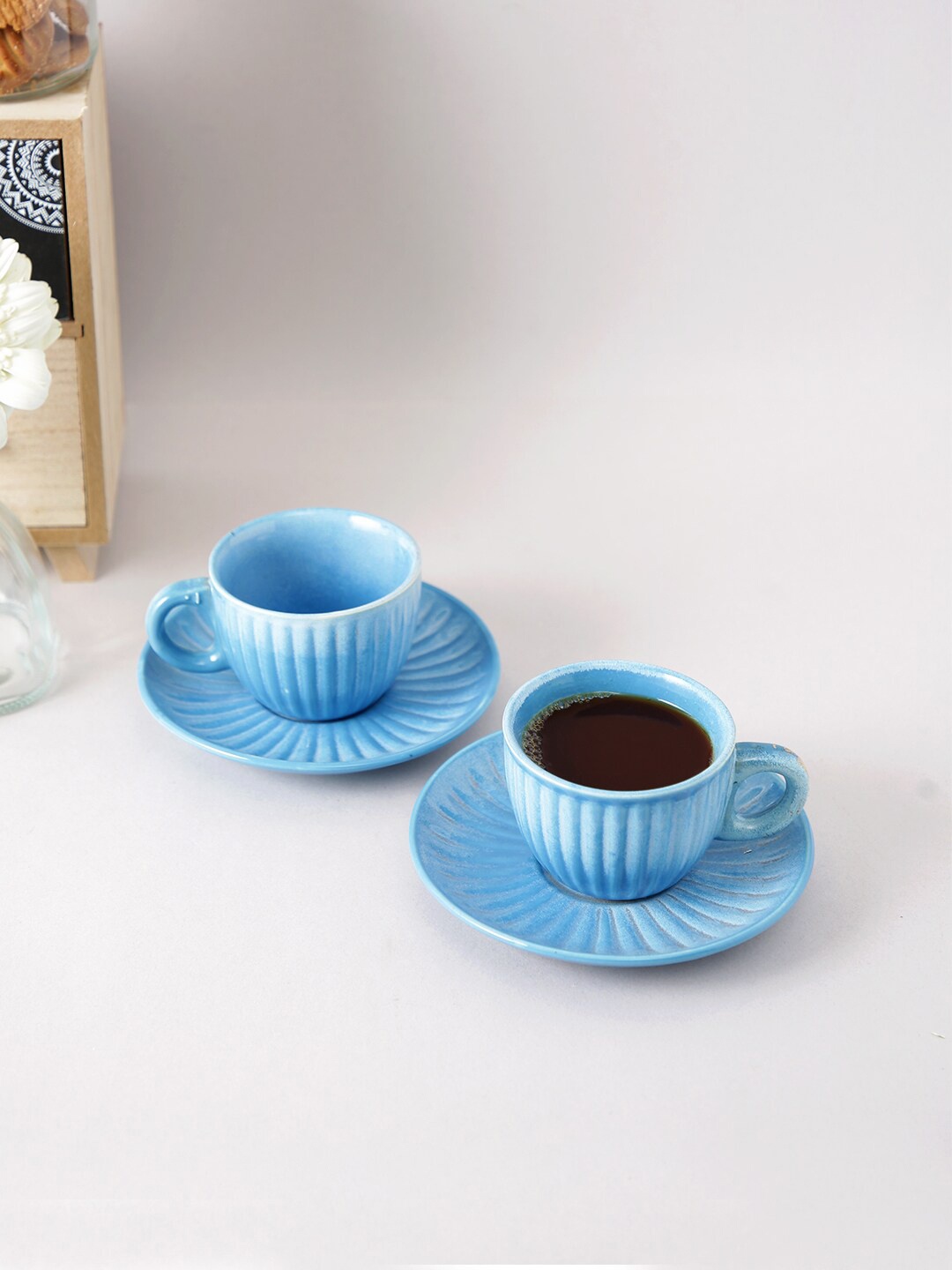 

Aapno Rajasthan Blue 2 Pieces Textured Ceramic Glossy Cups And Saucers 200 ML-Each
