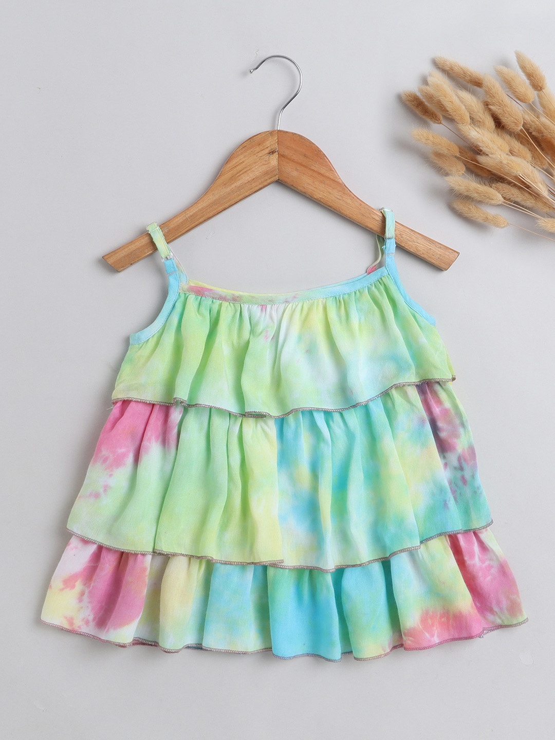 

The Magic Wand Girls Tie & Dyed Shoulder Strapped Tiered Top, Pink