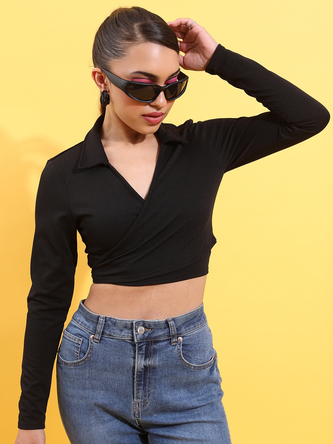 

Tokyo Talkies Black Shirt Collar Wrap Crop Top