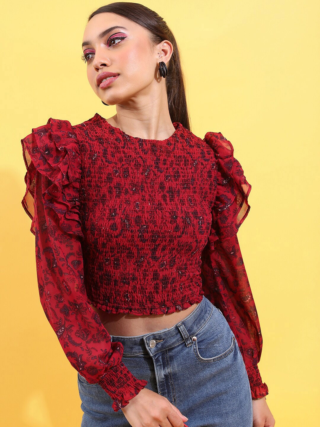 

Tokyo Talkies Red & Purple Floral Printed Ruffles Crop Top