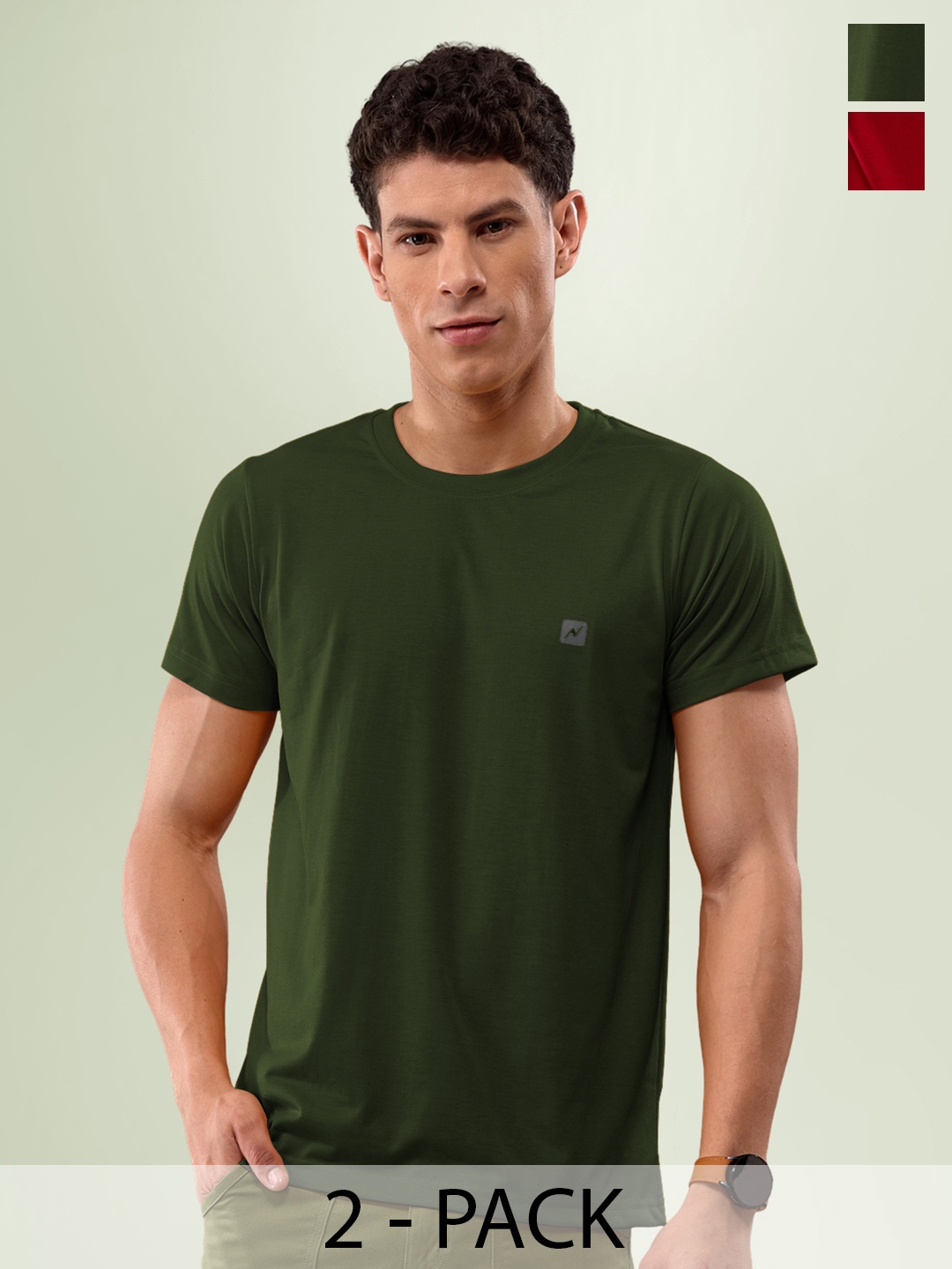 

LUX NITRO Pack Of 2 Anti Odour Round Neck Lounge T-shirts, Olive