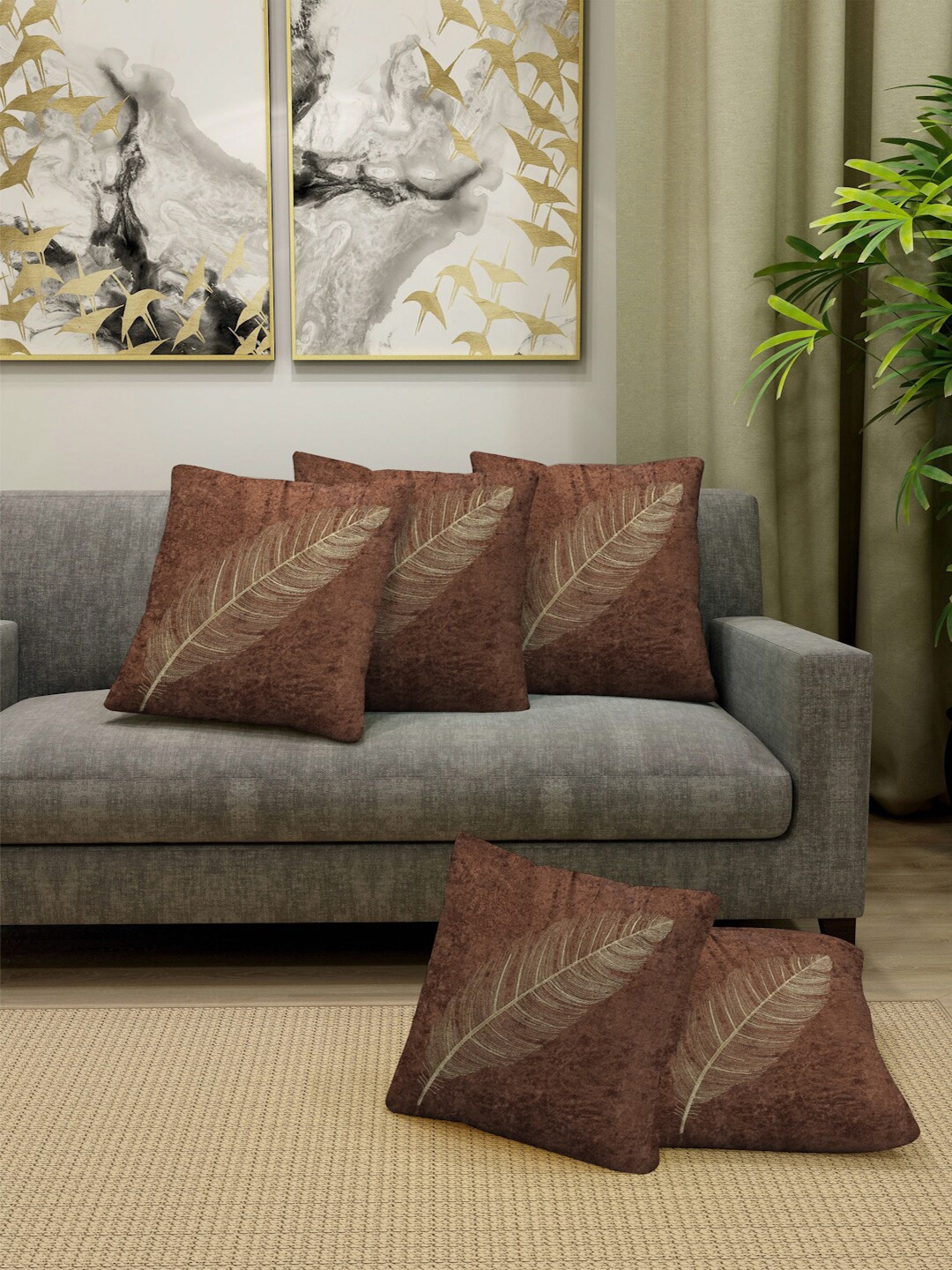 

FABINALIV Brown & Yellow 5 Pieces Floral Velvet Square Cushion Covers