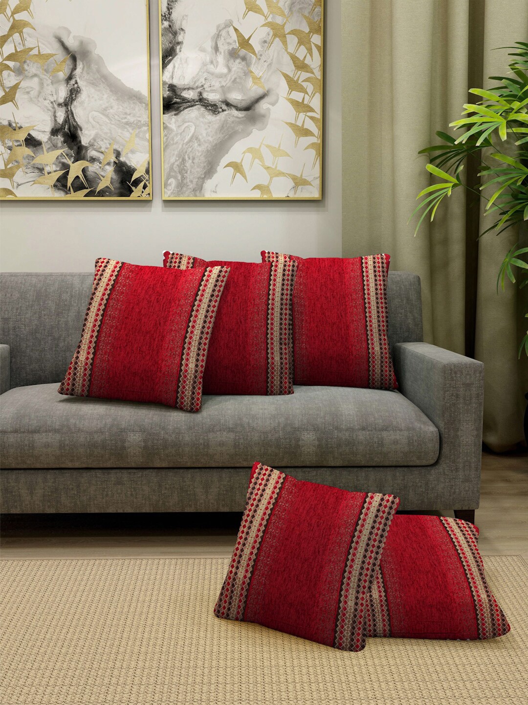 

FABINALIV Maroon & Gold-Toned 5 Pieces Striped Square Shape Cushion Covers