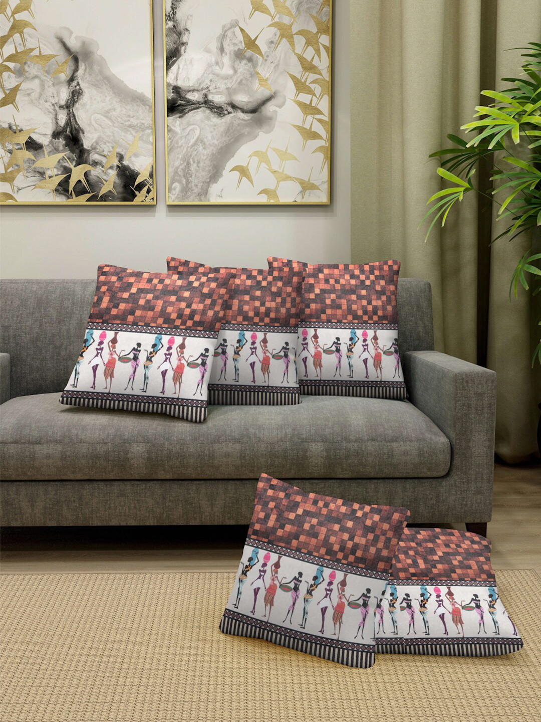 

FABINALIV Brown & White 5 Pieces Ethnic Motifs Square Cushion Covers