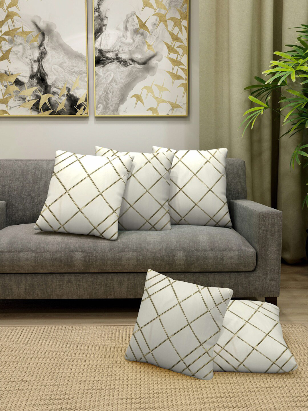 

FABINALIV Off White & Gold-Toned 5 Pieces Geometric Square Cushion Covers