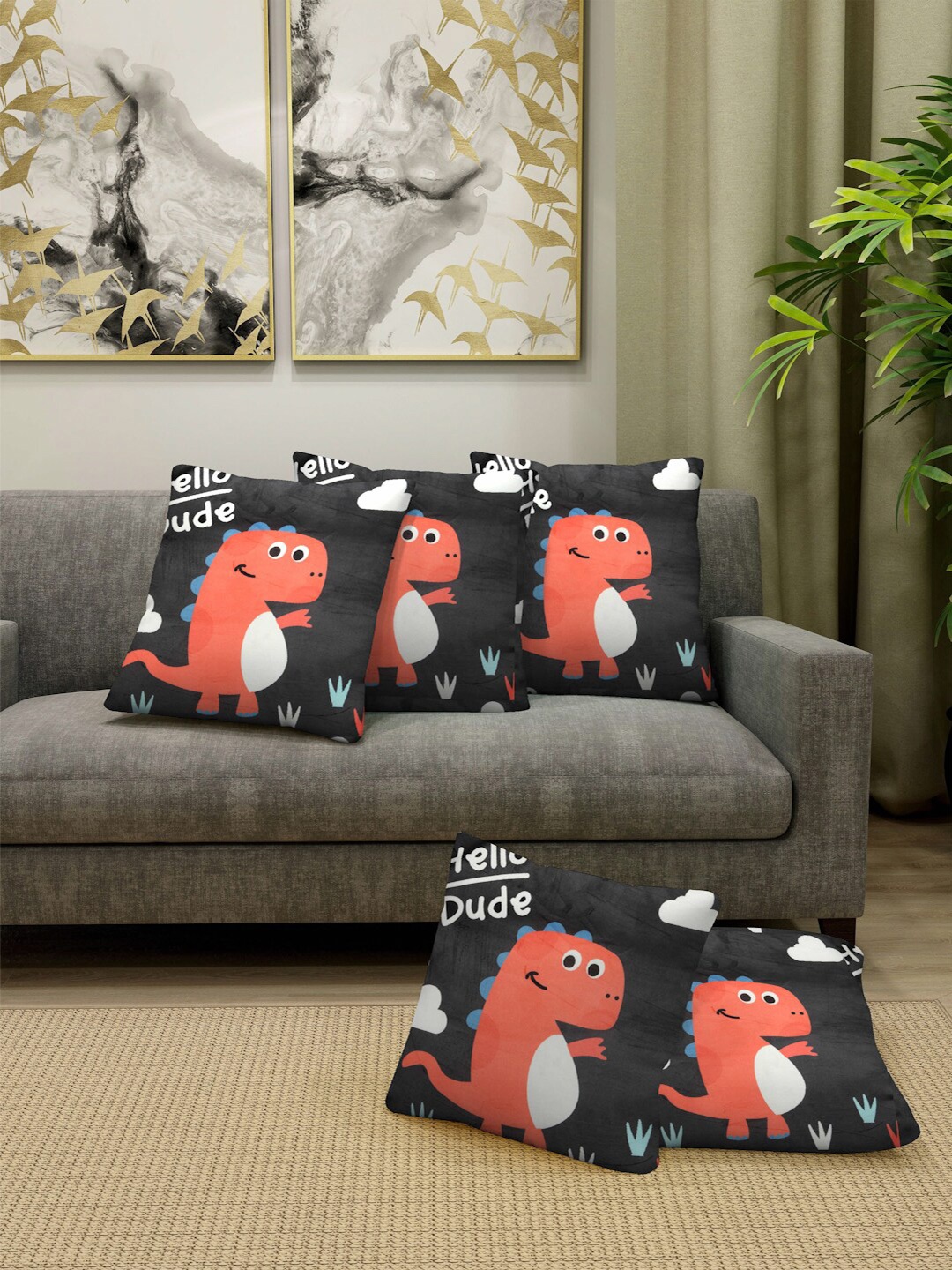 

FABINALIV Black & Peach-Coloured 5 Pieces Cartoon Characters Square Cushion Covers