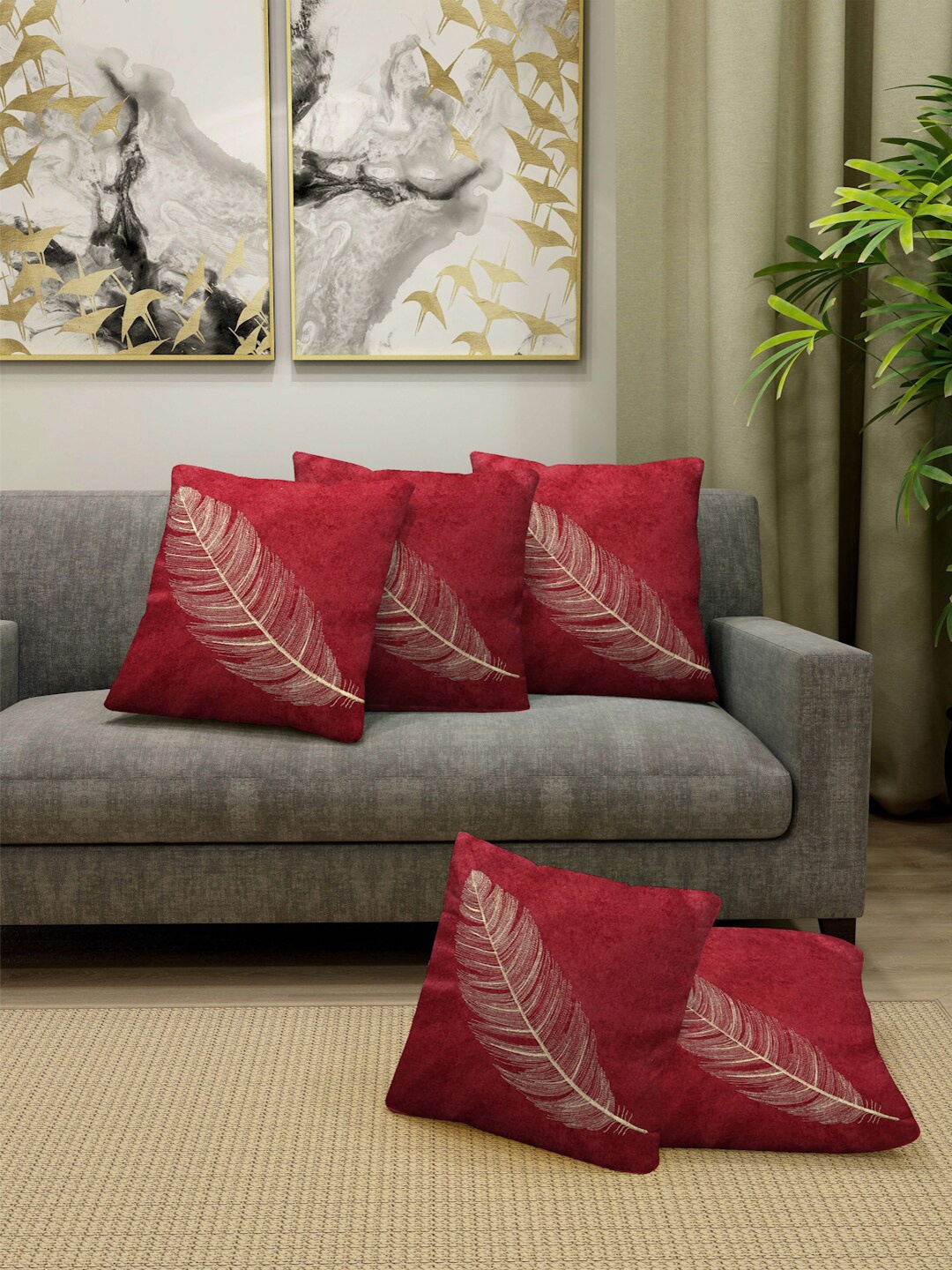 

FABINALIV Maroon & Gold-Toned 5 Pieces Floral Velvet Square Cushion Covers