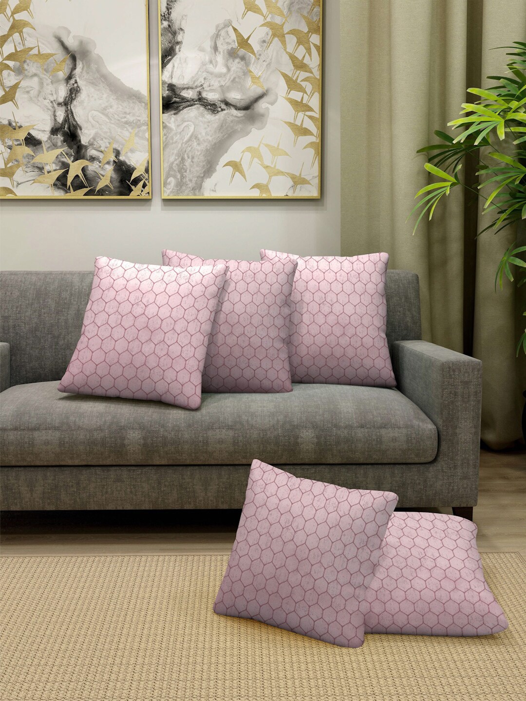 

FABINALIV Pink 5-Pieces Geometric Square Shape Cushion Covers