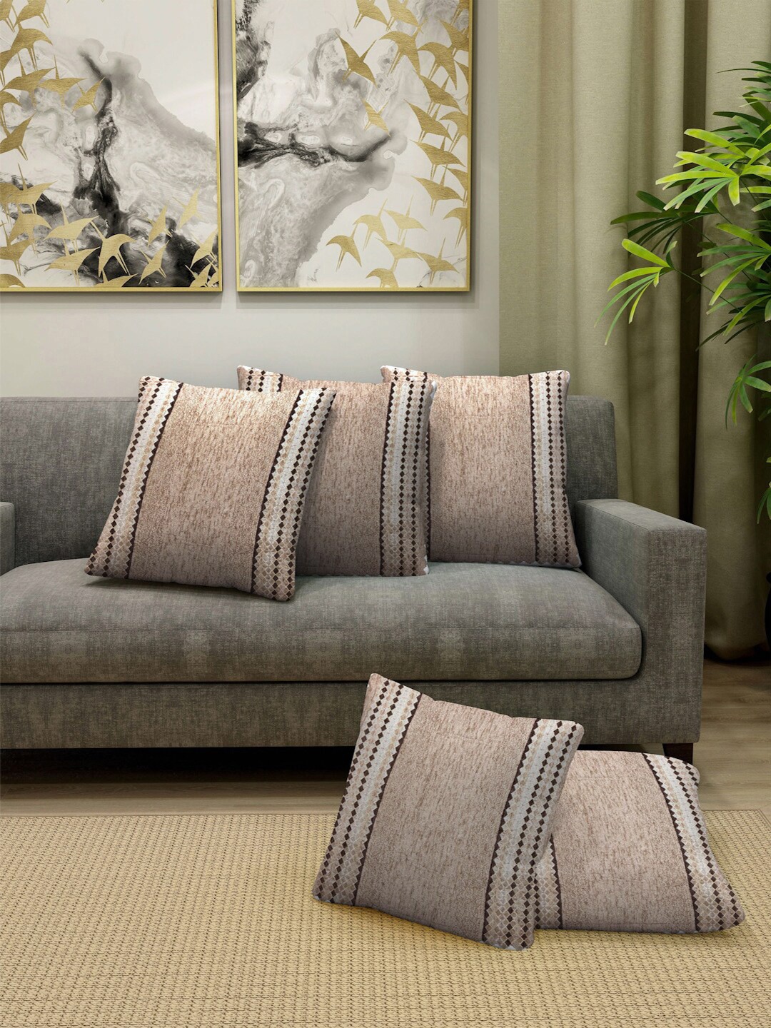 

FABINALIV Beige & White 5-Pieces Striped Square Shape Cushion Covers