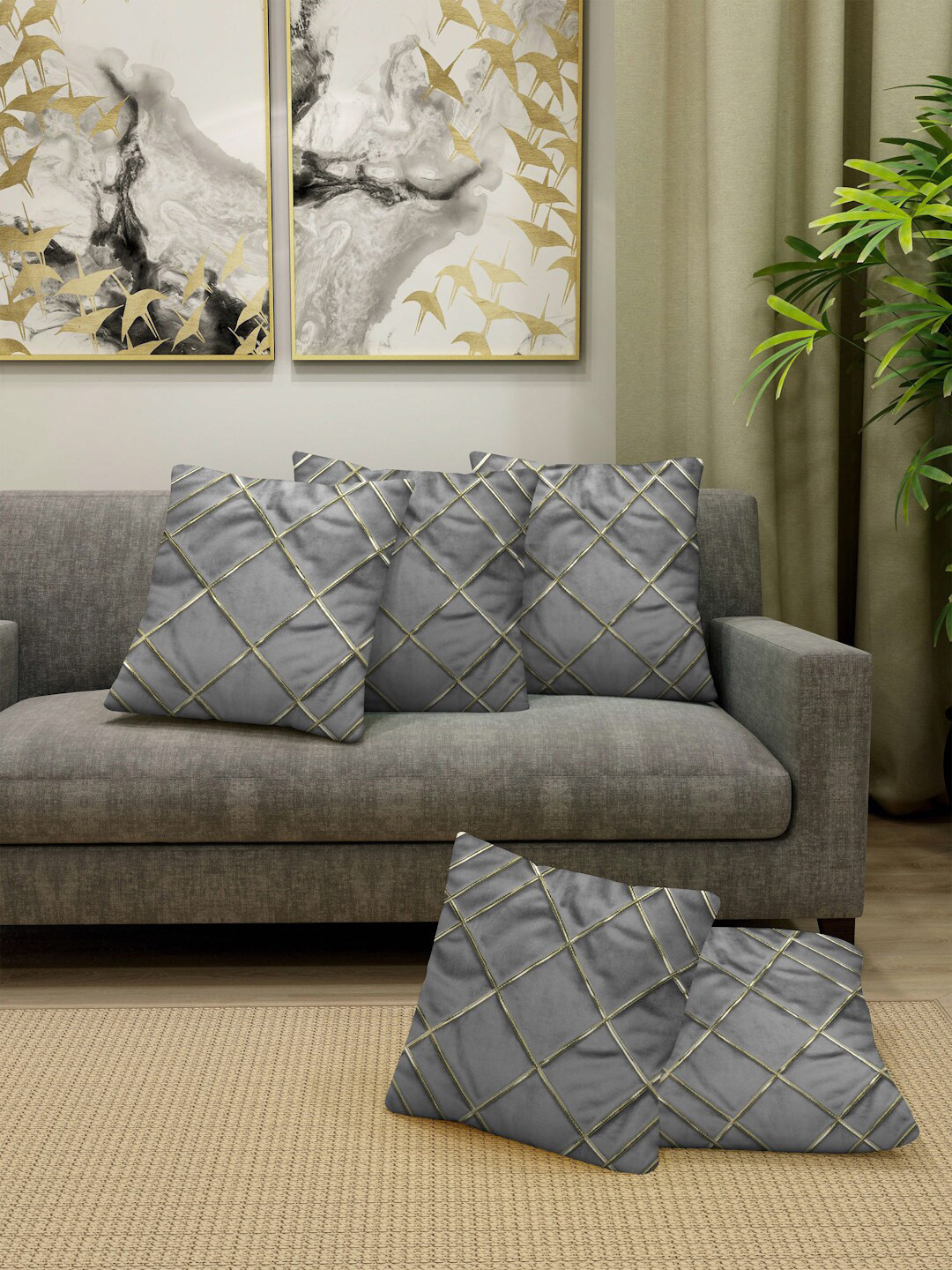 

FABINALIV Grey & Gold-Toned 5 Pieces Geometric Square Cushion Covers