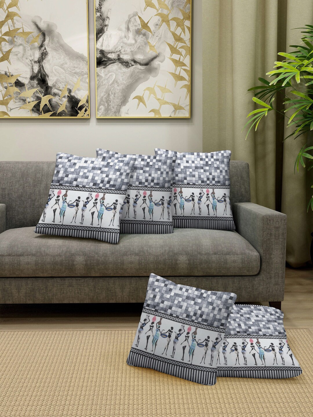 

FABINALIV 5 Pieces Grey & White Ethnic Motifs Square Shape Cushion Covers