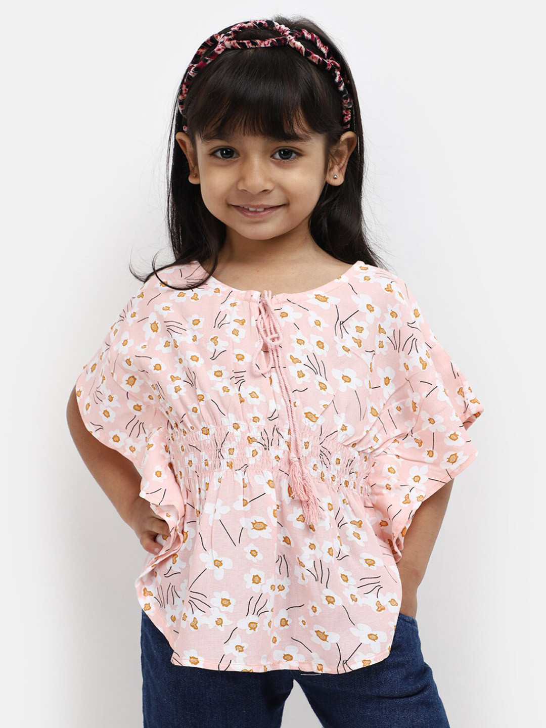 

V-Mart Tie Up Neck Floral Print Cotton Kaftan Top, Pink